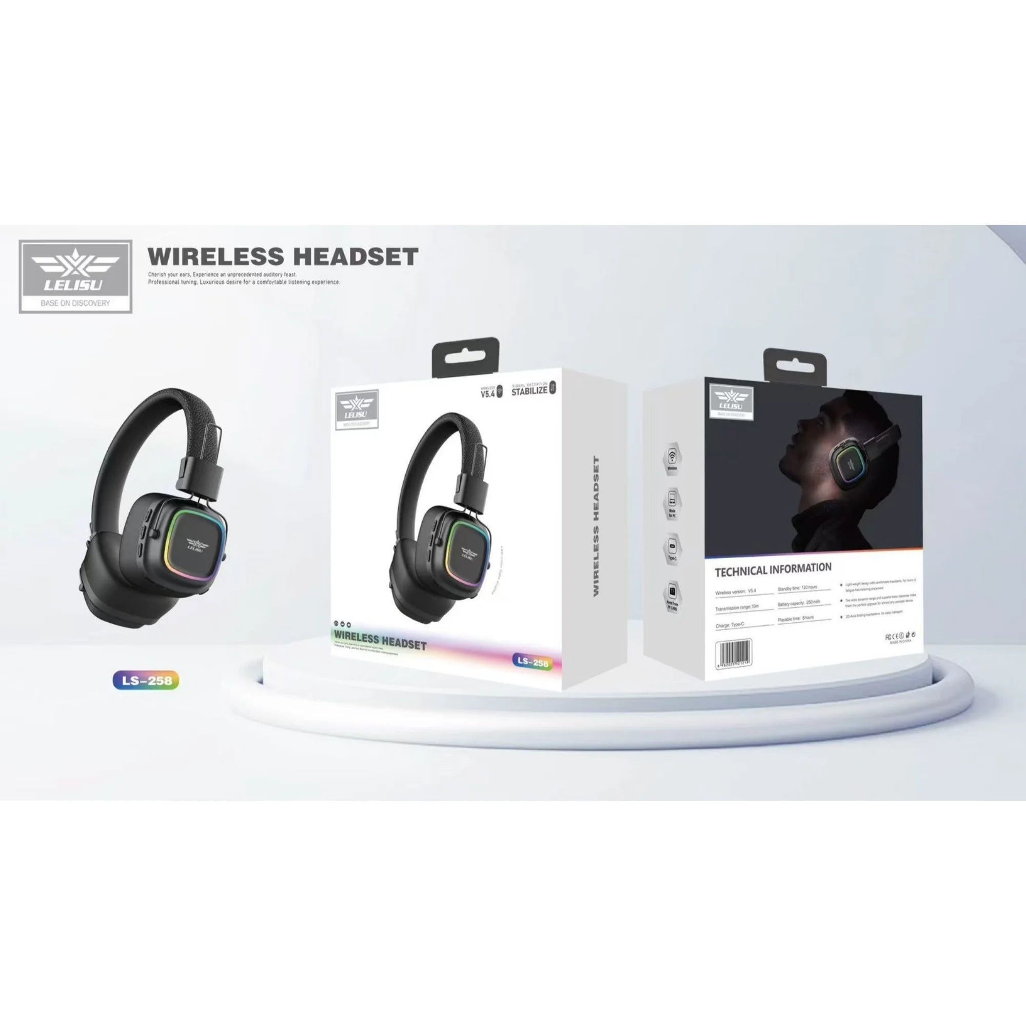Lelisu LS-258 Wireless Stereo Headphones | Bluetooth 5.4 Over-Ear Headset with Type-C Charging & LED Lights