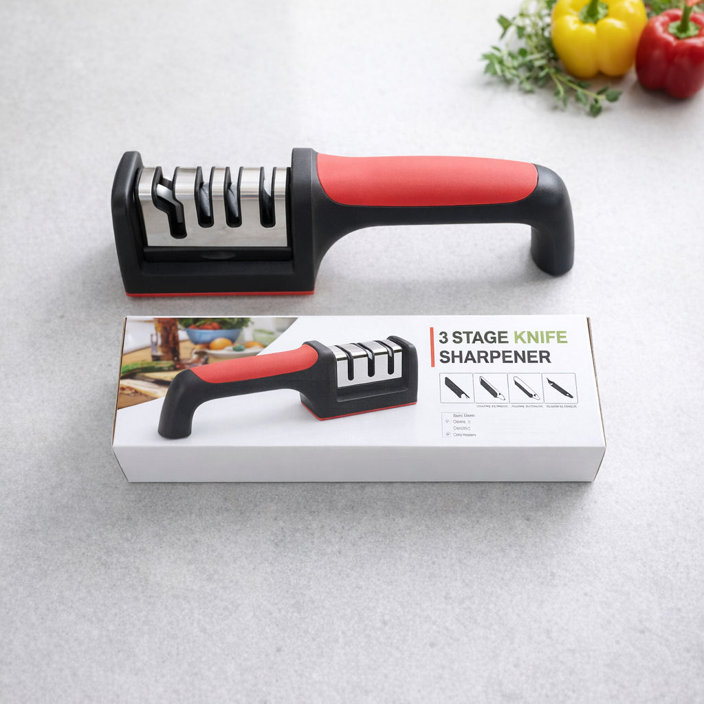 RS-168 3-Stage Manual Knife Sharpener – Professional Kitchen Knife Sharpening Tool with Ergonomic Handle & Non-Slip Base