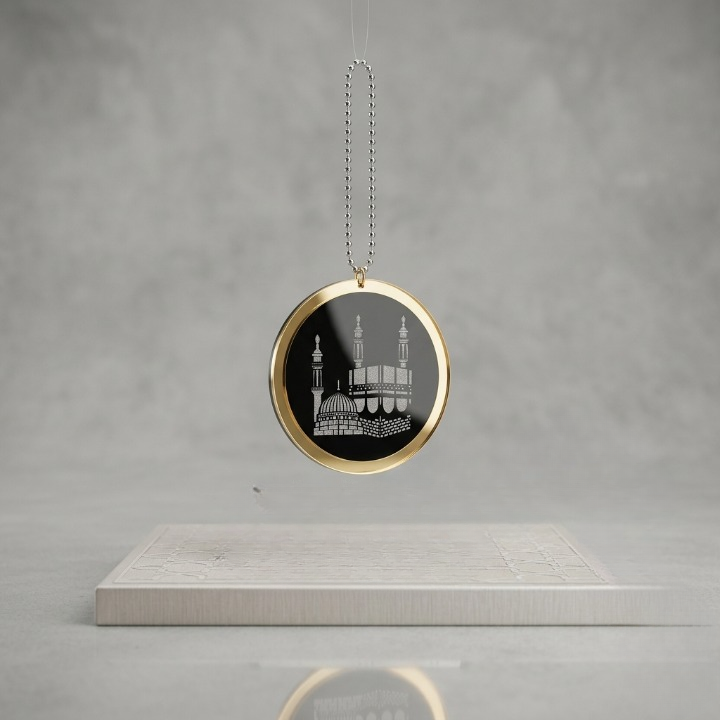 Acrylic Mirror Dua-e-Safar Car Hanging with Khana Kaaba & Madina Design – Elegant Islamic Rear View Mirror Decor | Size : 10 cm